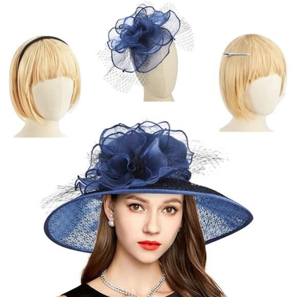 Derby Hats for Women, Classy Organza Sun Hat, Navy Blue main image 5